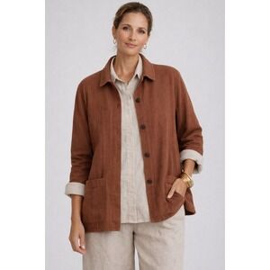 NWT FLAX Linen Jacket Shirt Women Sz M Brown Herringbone Long Sleeve Lagenlook